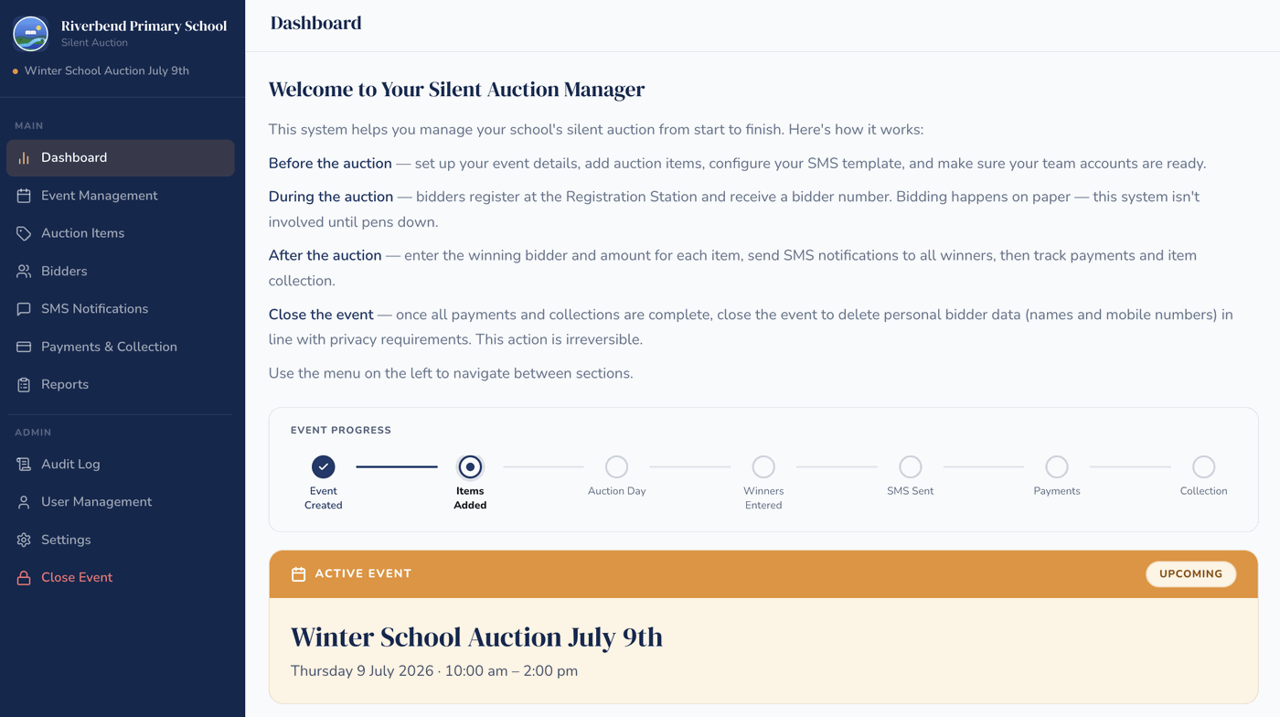 Silent auction management system dashboard
