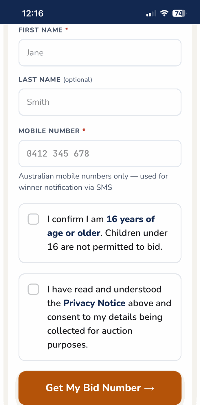 Bidder registration form on a phone, first name, mobile number, age confirmation, consent, and a 'Get My Bid Number' button