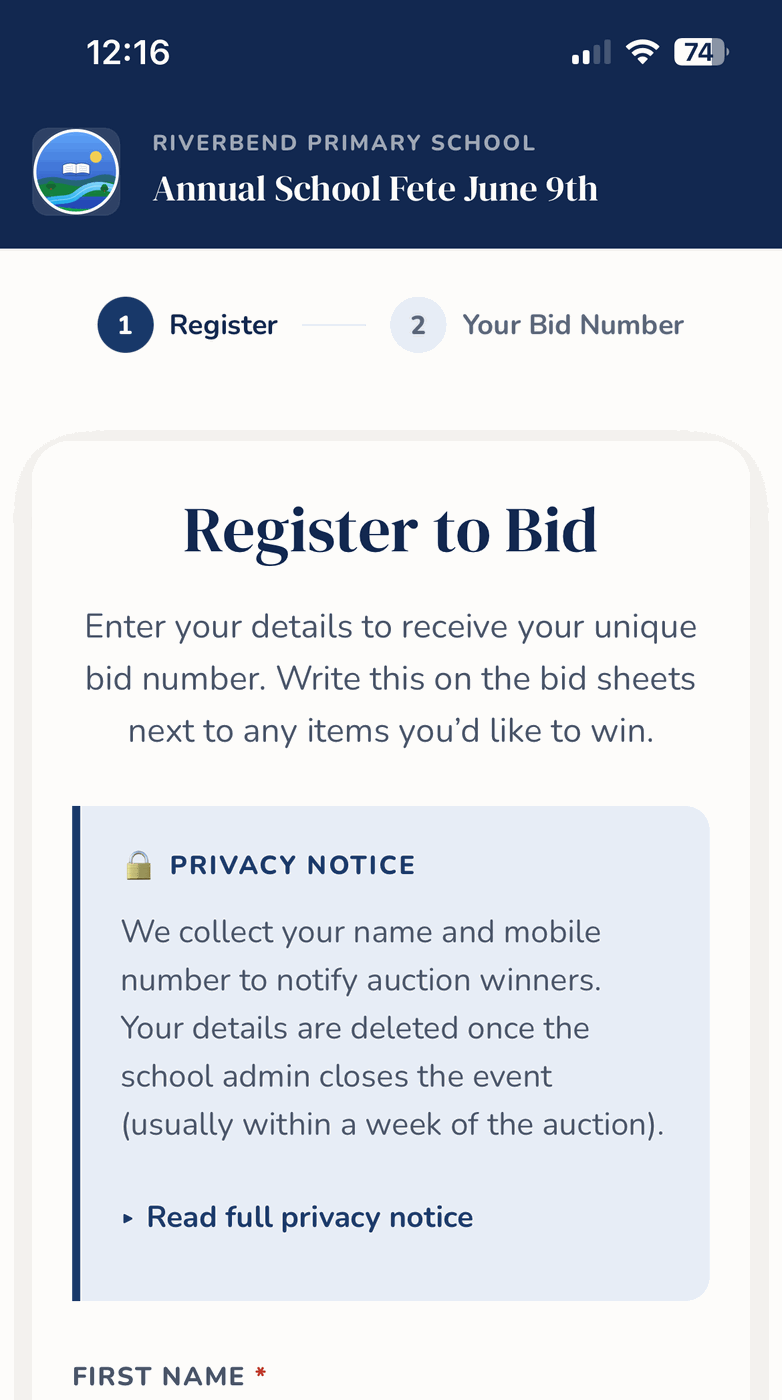 Bidder registration page on a phone, 'Register to Bid' with a privacy notice explaining details are deleted once the event is closed