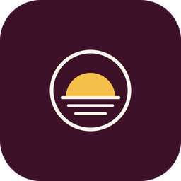 Mosely app icon, a golden rising sun over three lines inside a circle on a deep plum background