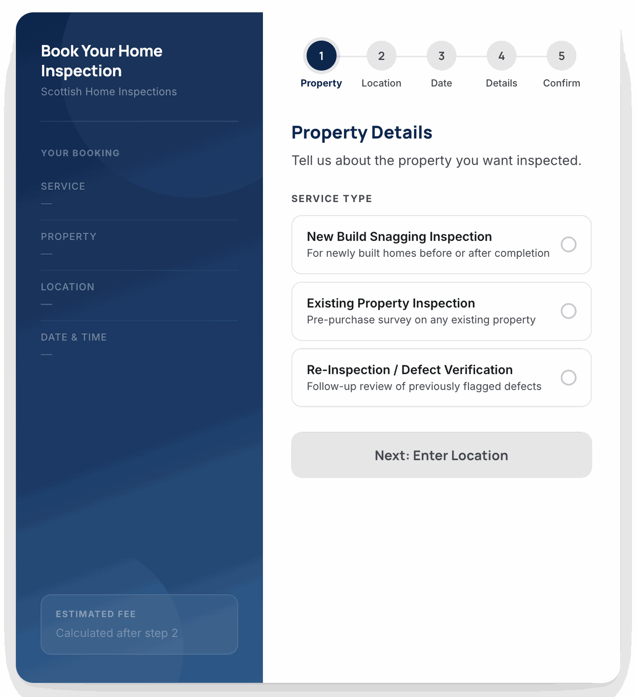Booking flow step 1 of 5, choosing a service type (New Build Snagging, Existing Property, or Re-Inspection) with a progress stepper