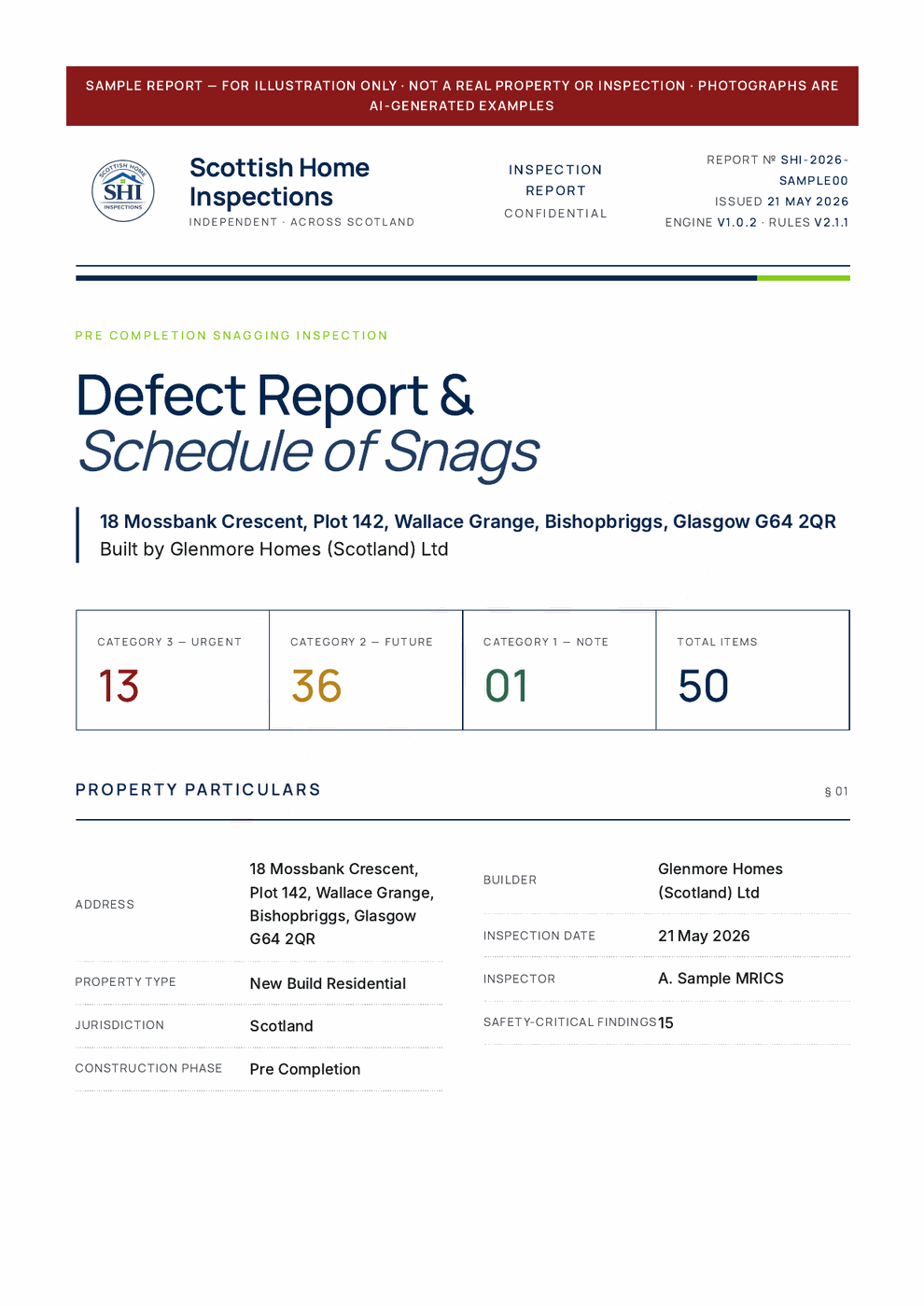 Sample inspection report cover, 'Defect Report & Schedule of Snags' with categorised defect counts and property particulars, watermarked as a sample