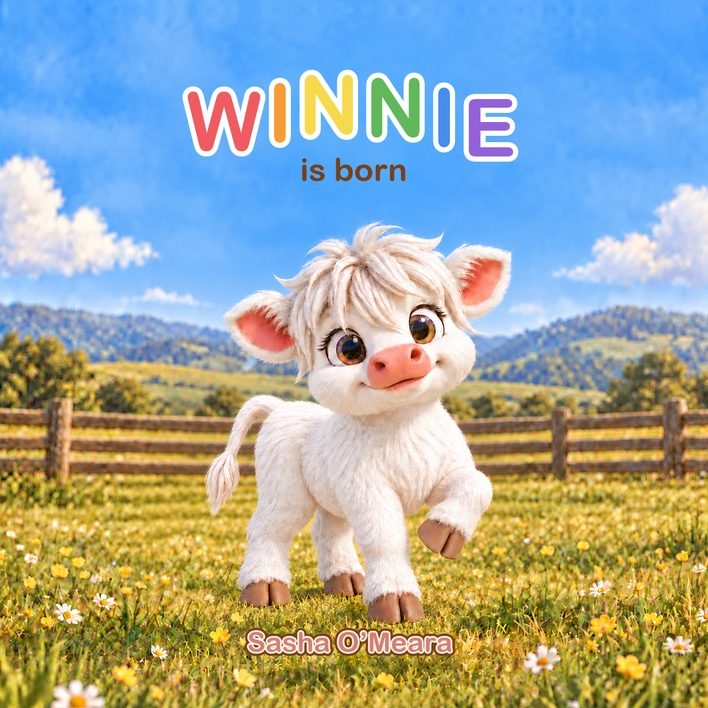 Cover of the picture book Winnie is born, an illustrated white Highland calf in a flowering paddock